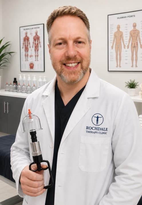 Practitioner at The Rochdale Therapy Clinic with cupping therapy equipment